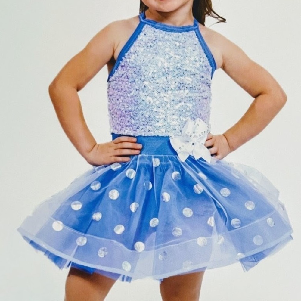 Weissman Sequin Tutu Dance Costume Girls Small Blue Polka Dot Bow Halter Ballet